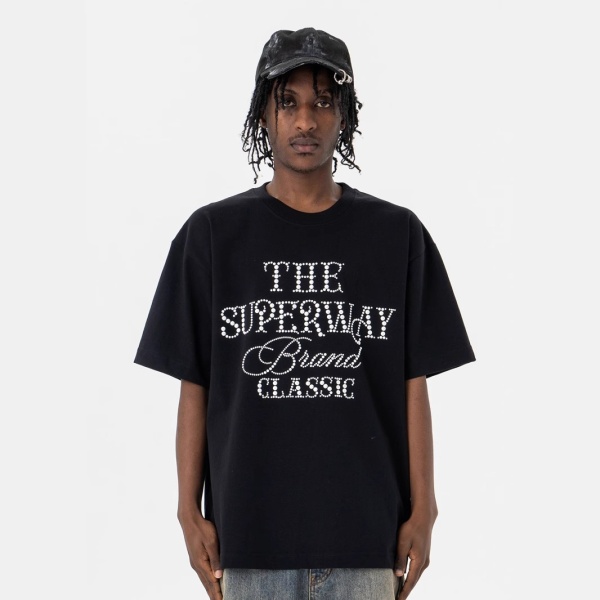 澜海男装285G字母烫钻工艺2025春夏新品潮牌休闲百搭宽松短袖T恤