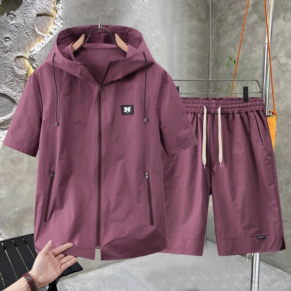 2025新款速干大码运动套装男士夏季胖子宽松连帽短袖t恤短裤男装