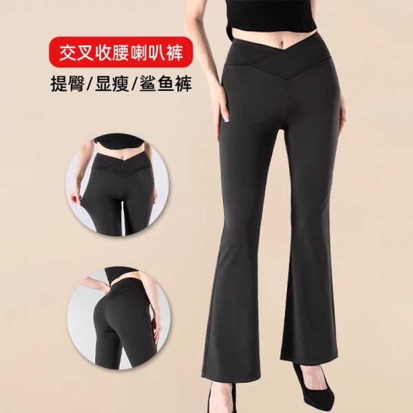 欧美跨境新款微喇裤女 提臀收腰宽松长裤V型腰交叉通勤休闲裤现货