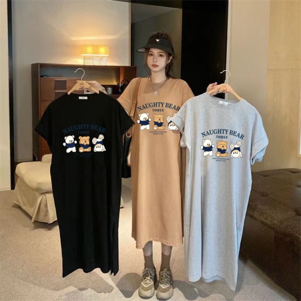 短袖t恤连衣裙子夏季大码休闲宽松胖mm遮肚显瘦开叉过膝长款裙女