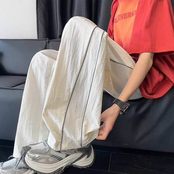 白色辑明线速干裤子男夏季薄款潮牌运动阔腿裤美式直筒宽松休闲裤