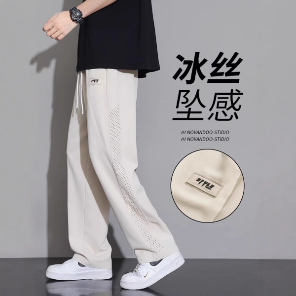 夏季薄款休闲长裤直筒运动裤子男士2025新款冰丝裤潮牌阔腿运动裤