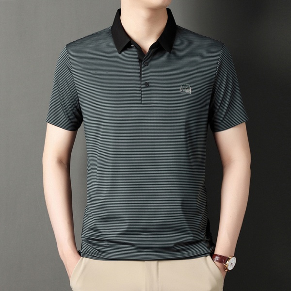 2025男士短袖翻领T恤男时尚休闲烫钻 条纹半袖POLO衫中年男装代发