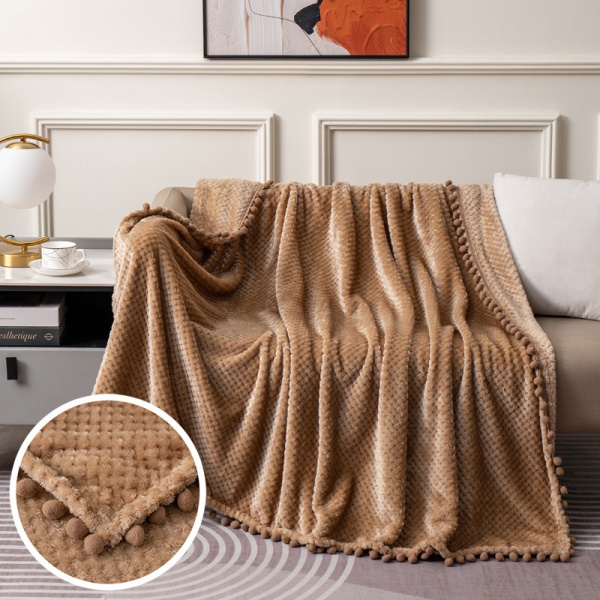 跨境直供菠萝格流苏球毛毯加厚珊瑚绒毯子办公室沙发盖毯午睡毯