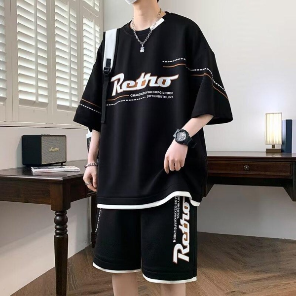 夏季新款休闲运动套装男生港风宽松搭配潮流帅气短袖短裤两件套装