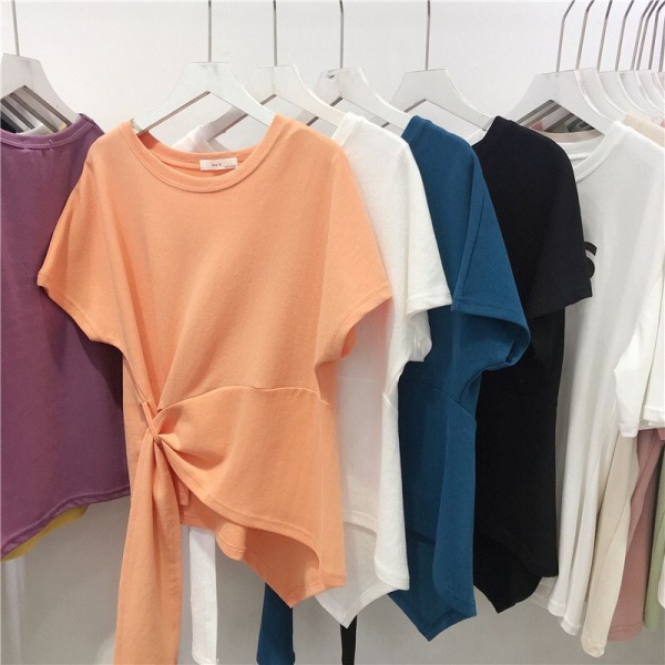 短袖t恤女夏装2024新款韩版纯色小心机设计感交叉不规则洋气上衣