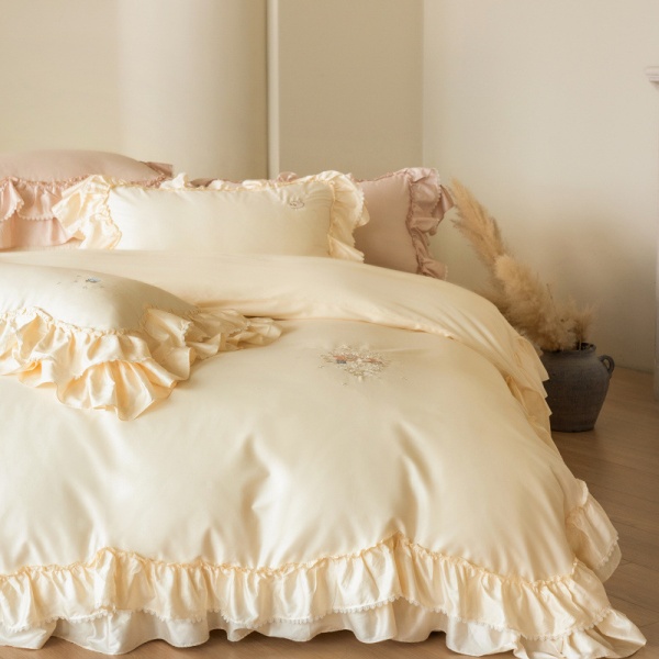 法式公主风贡缎全棉长绒棉四件套花边奶油风纯棉被套床单床上用品