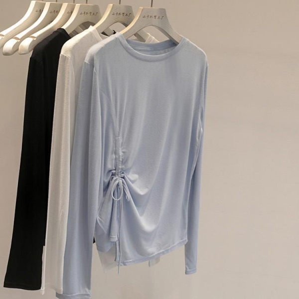 韩系小姐姐!轻薄凉感竹节棉抽绳长袖T恤女简约纯色防晒罩衫潮