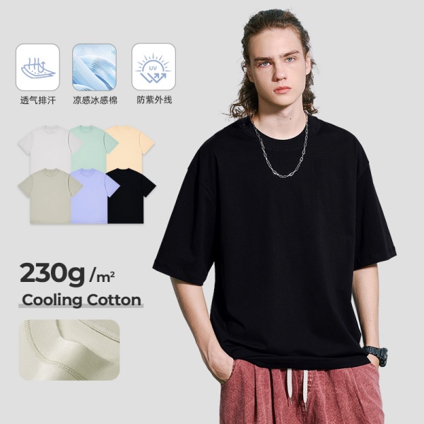 跨境230g冰感棉防晒UPF50+短袖t恤宽松夏季透气男装半袖T
