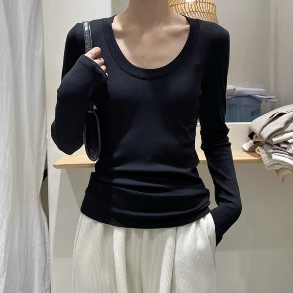 黑色打底衫女长袖2023早秋新款大圆领休闲t恤高级感螺纹上衣内搭