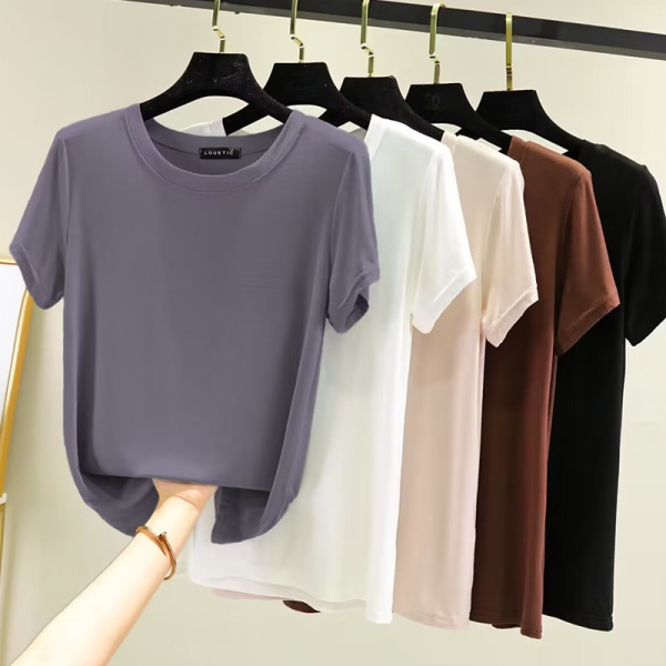 薄款简约莫代尔圆领短袖T恤女夏大码内搭打底衫百搭纯色外穿上衣