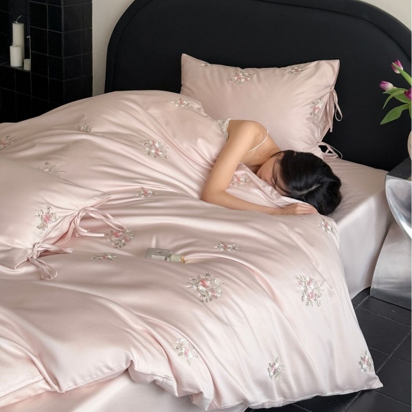 高端100S长绒棉精密刺绣四件套 少女心粉色纯棉被套床单床上用品