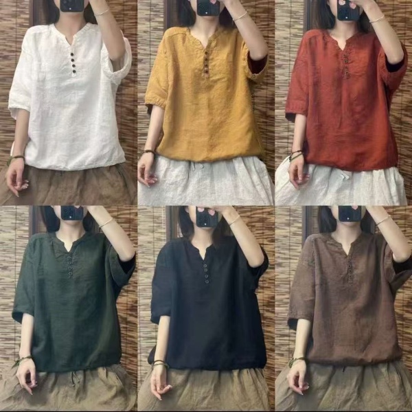 跨境外贸夏季新款女士上衣T恤纯色休闲舒适宽松新中式V领五分袖女