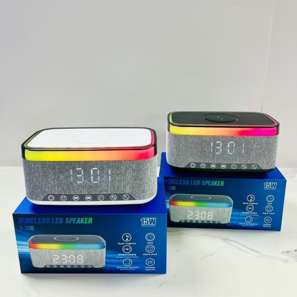 新款白噪音蓝牙音箱无线充电数字时钟闹钟三合一无线充氛围灯音响