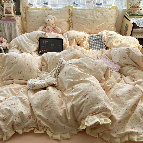 A类春夏法式皱皱纱花边四件套少女心全棉被套大学生宿舍床上用品