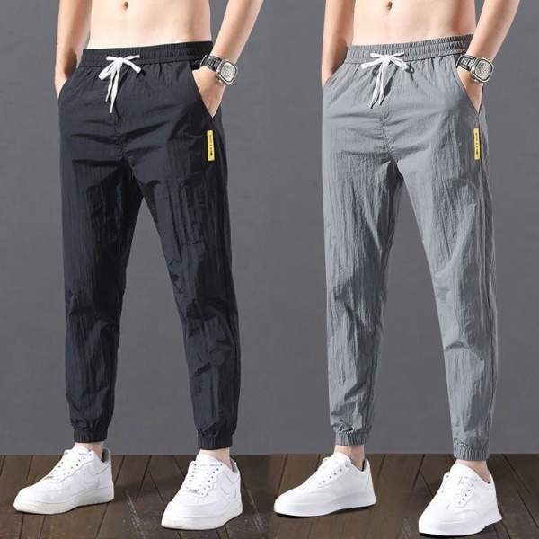 冰丝裤男夏季2024新款宽松大码束口裤子松紧腰弹力薄款9分休闲裤