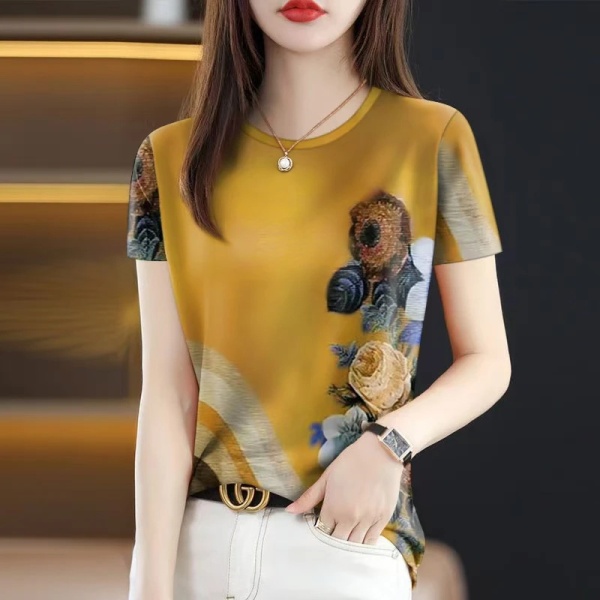 批发2025年新款夏季爆款女士t恤显瘦遮肚圆领时尚短袖一件代发