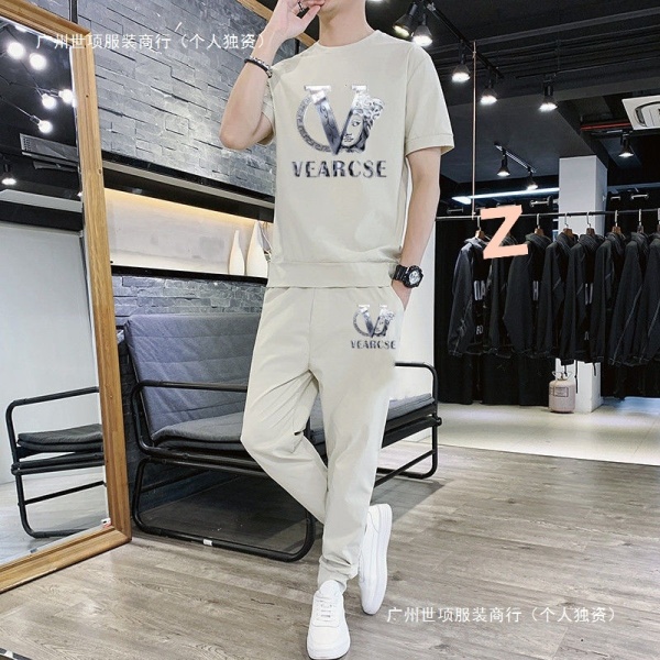 男士休闲套装冰丝2025夏季新款短袖t恤潮流男装运动一套搭配帅气