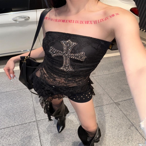 辣妹街头性感黑色蕾丝抹胸女夏季y2k不规则飘带设计收腰显瘦上衣