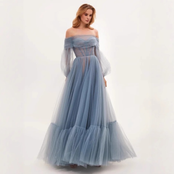 2025年新款跨境外贸长款女装wish一字肩网纱长袖婚纱礼服薄纱长裙