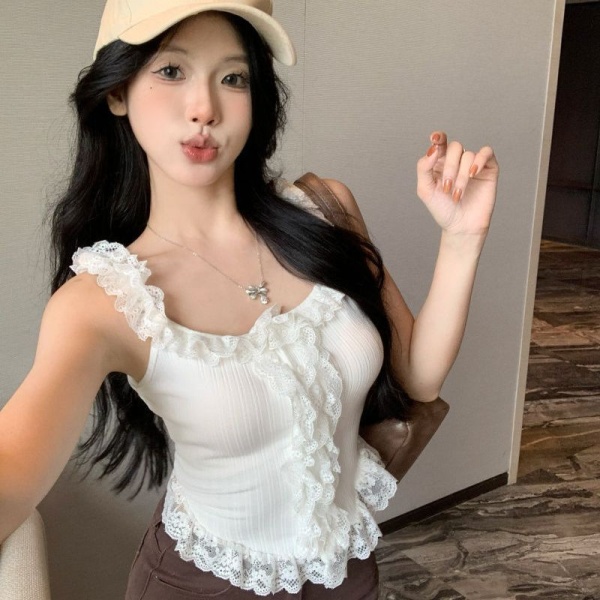 气质辣妹白色吊带女夏季新款外穿蕾丝花边性感背心短款无袖上衣潮