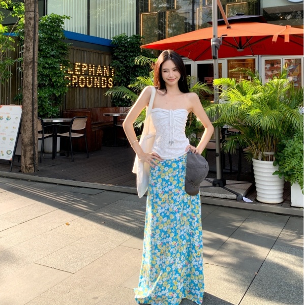 海边度假风套装法式抽绳抹胸背心上衣女夏季蓝色碎花半身裙两件套