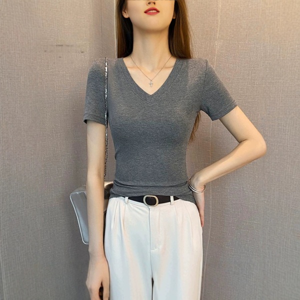 纯色螺纹V领短袖t恤女春夏2025年新款低领修身打底衫百搭显瘦上衣