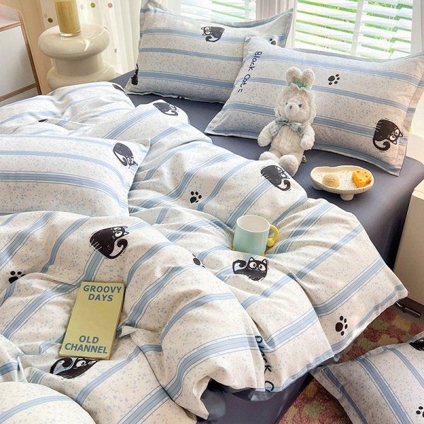 床上四件套纯水洗棉全被套罩宿舍单人学生床品床单条纹猫三件套