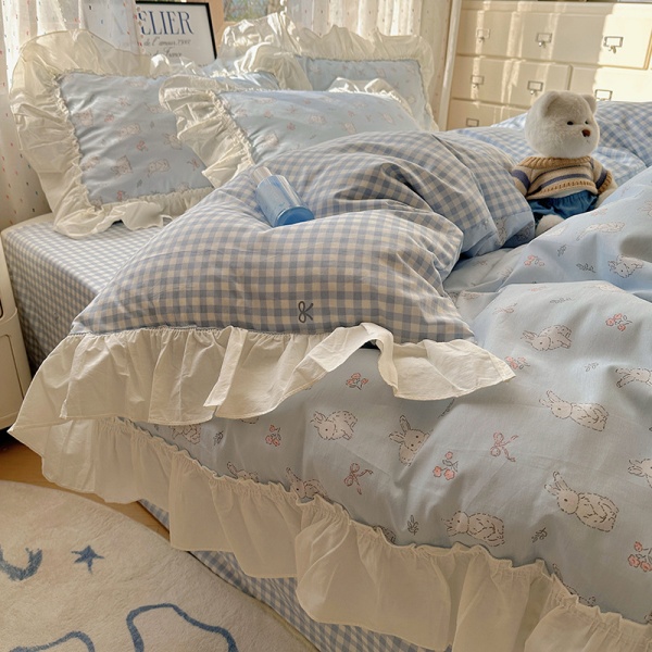 法式全棉床上四件套韩版花边纯棉被套床单被罩三件套南通家纺床品