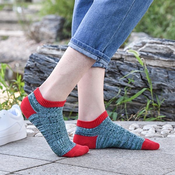 春秋新款男士袜子双针短筒棉袜运动户外船袜混线拼色吸汗透气批发