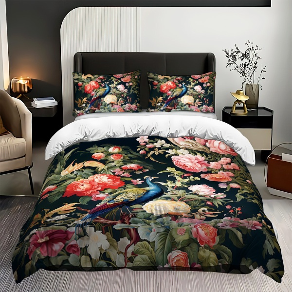 出口被套三件套孔雀3D数码印花被套套件床上用品外贸家纺POD定制