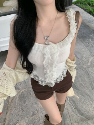 气质辣妹白色吊带女夏季新款外穿蕾丝花边性感背心短款无袖上衣潮