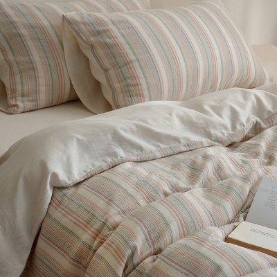 ins风彩色条纹色织提花全棉双层纱四季裸睡床上用品纯棉被套床单
