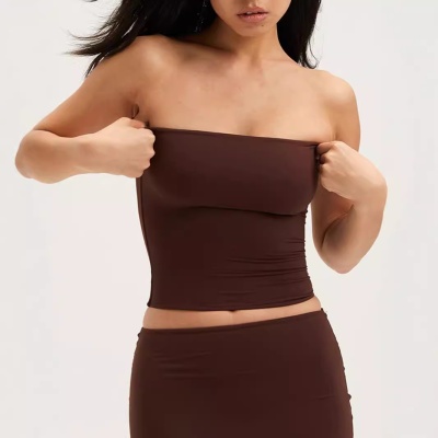 现货美式辣妹裸感亲肤一片式抹胸女纯欲性感打底裹胸运动健身度假