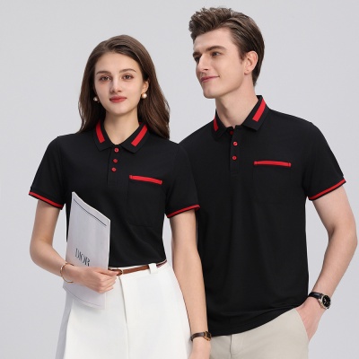 190克冰丝珠地POLO衫短袖翻领T恤衫拼色口袋服务员工作服定制LOGO