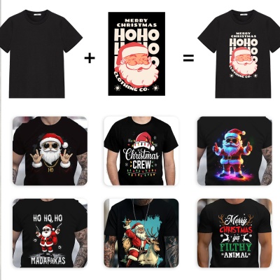 夏季跨境新款男装圣诞树图案印花短袖男士上衣宽松潮美式休闲T恤