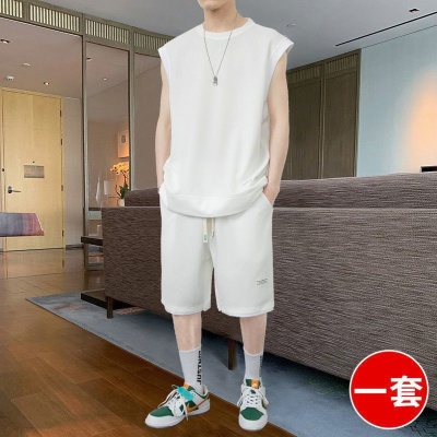 夏季男士宽松短袖华夫格休闲背心短袖假两件两件套运动短裤套装潮