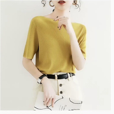 一字肩上衣女夏季2024新款内搭温柔风五分袖设计感小众冰丝针织衫