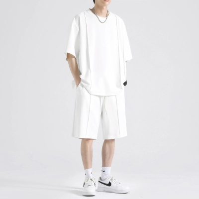 冰丝短袖T恤休闲套装男士夏季2024新款纯色运动速干情侣装两件套