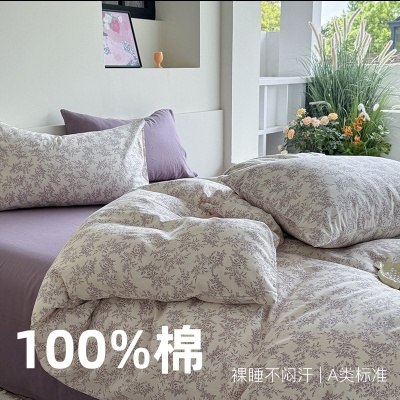 A类全棉有氧双层纱床上四件套纯棉被套床单三件套ins床上用品套件