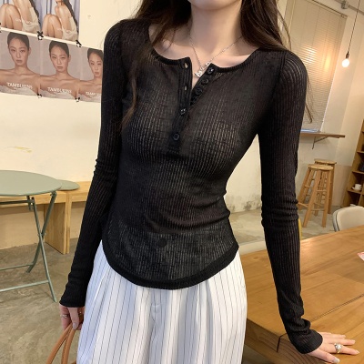 半开领微透坑条长袖t恤女2025春夏季新款修身显瘦内搭打底衫上衣