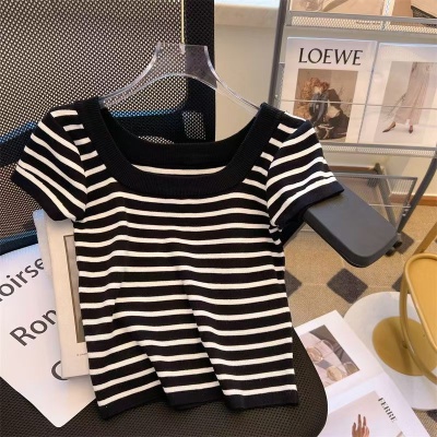 黑白条纹正肩短袖T恤女夏季薄款法式高级感针织衫小个子上衣女装