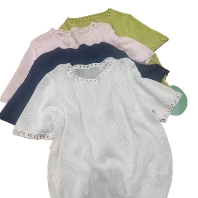 厂家现货手工钩花纸纱短袖2025新款时尚休闲T恤女装纯色百搭上衣