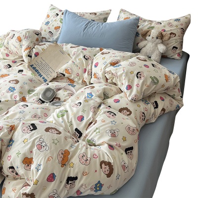 空调被薄被皱皱纱韩系可爱夏被小清新双拼印花可水洗超柔软四件套