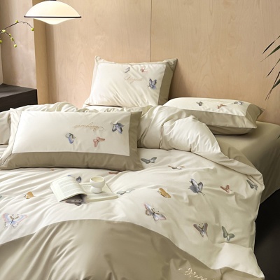 A类公主风全棉水洗棉四件套高精密蝴蝶刺绣纯棉被套床单床上用品4