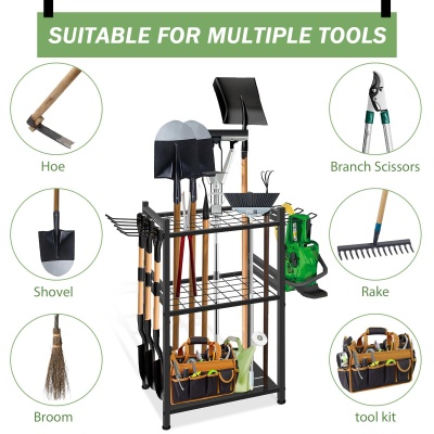 跨境亚马逊批发庭院清洁用具收纳架花园工具铲子扫帚车库置物架