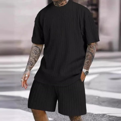2024亚马逊爆款男款运动套装纯色圆领套头竖纹T恤短裤两件套套装