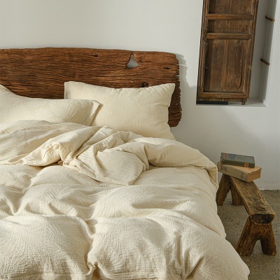 日式A类亚麻棉麻四件套侘寂风床单色织提花被套棉纱床上用品被罩4