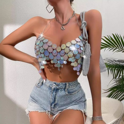 2024欧美新款ins工厂直销夜店性感亮片露背链条女装背心