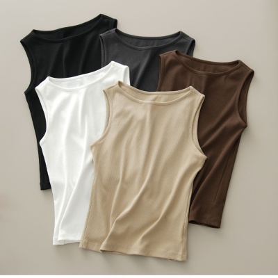优可丝背心女士一字领螺纹上衣纯色圆领打底衫内搭外穿无袖T恤